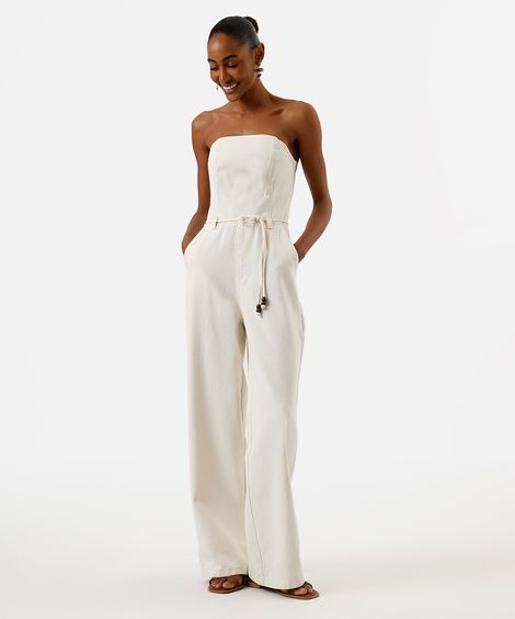macacão feminino de sarja sem alça com cordão off white