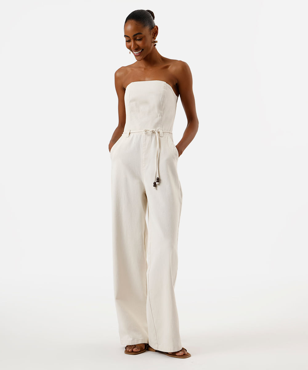 macacão feminino de sarja sem alça com cordão off white