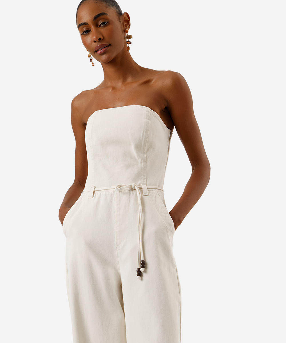 macacão feminino de sarja sem alça com cordão off white