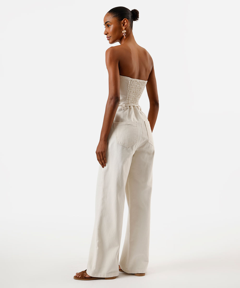 macacão feminino de sarja sem alça com cordão off white