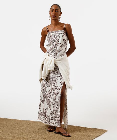 vestido longo feminino alça fina com linho e fenda folhagens off white