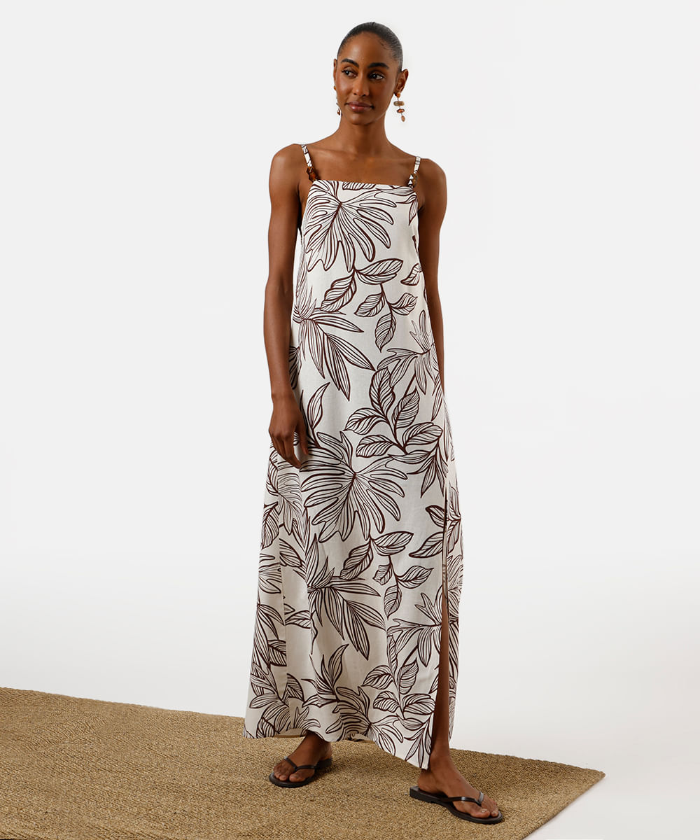 vestido longo feminino alça fina com linho e fenda folhagens off white