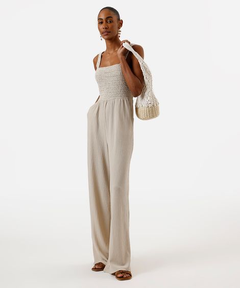 macacão wide leg feminino texturizado com lastex bege