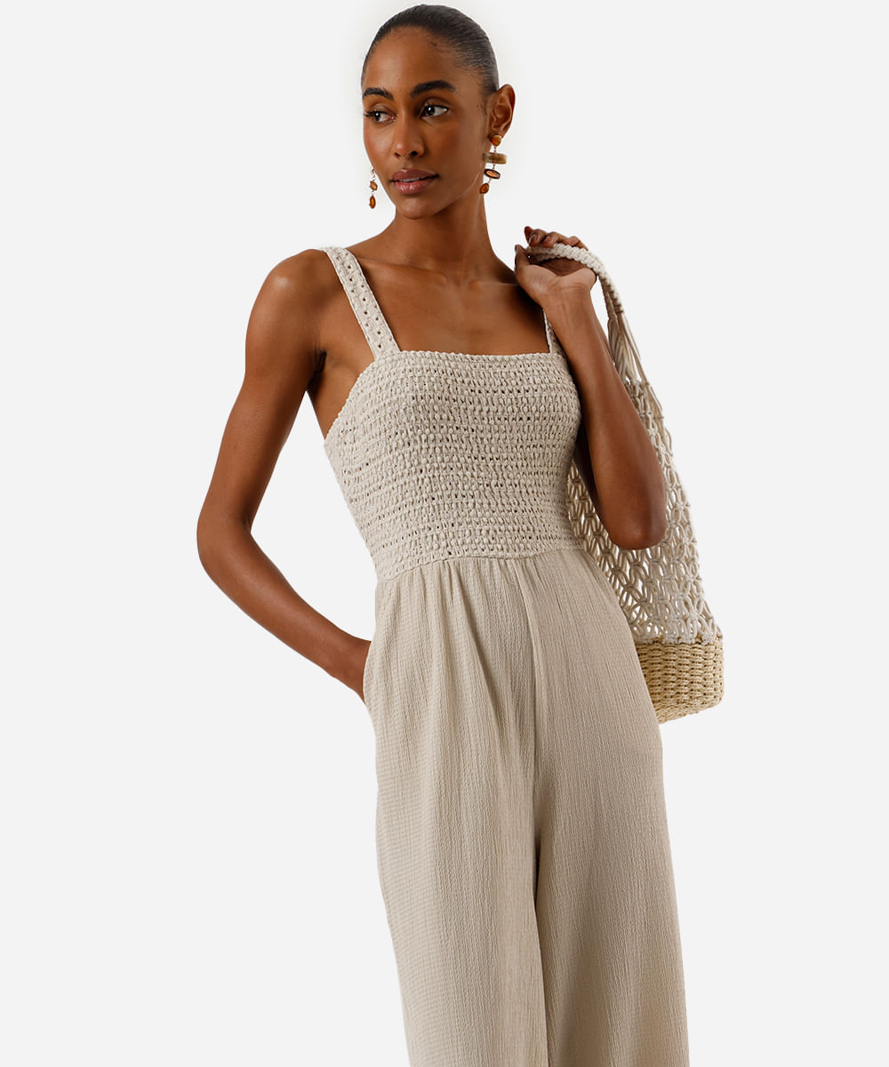 macacão wide leg feminino texturizado com lastex bege