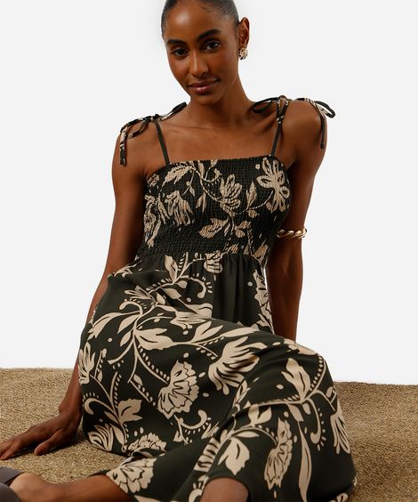 vestido midi feminino de viscose com lastex floral verde
