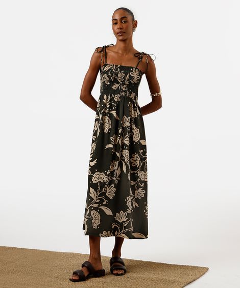 vestido midi feminino de viscose com lastex floral verde