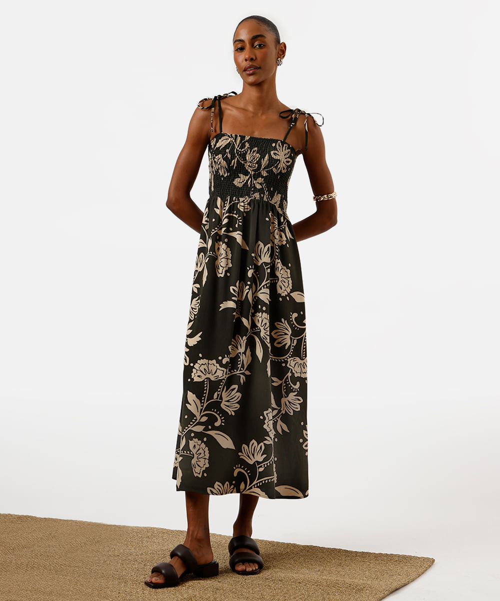 vestido midi feminino de viscose com lastex floral verde