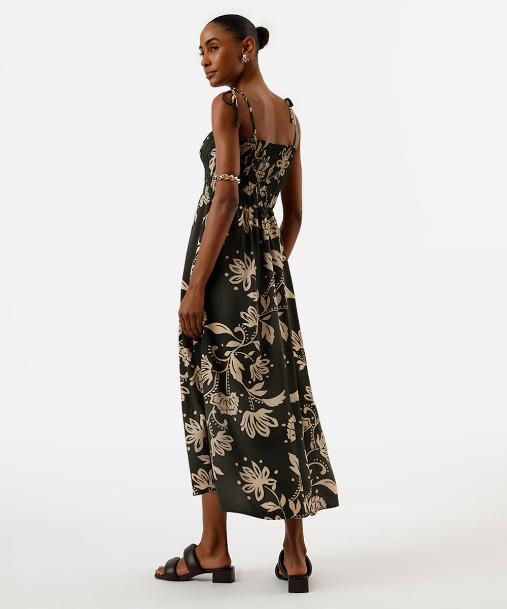 vestido midi feminino de viscose com lastex floral verde