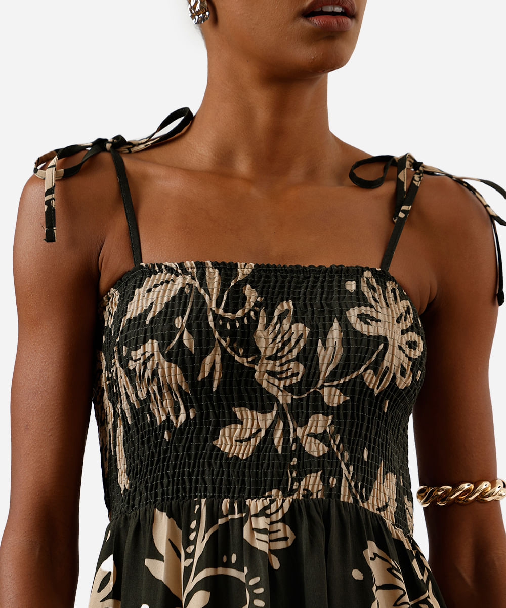 vestido midi feminino de viscose com lastex floral verde