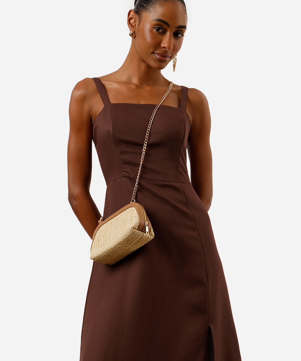 vestido midi feminino alça fina com linho e fenda marrom