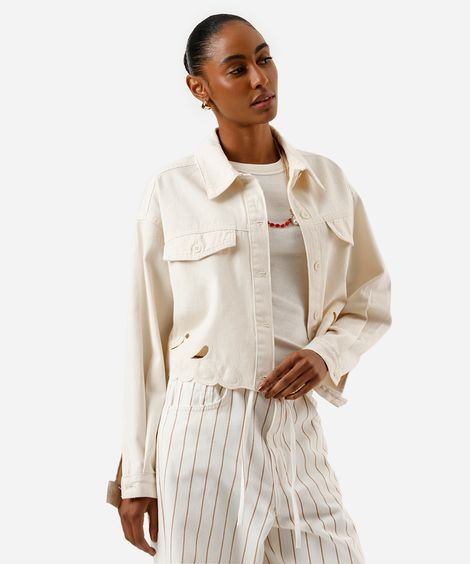 jaqueta feminina de sarja com bordados off white
