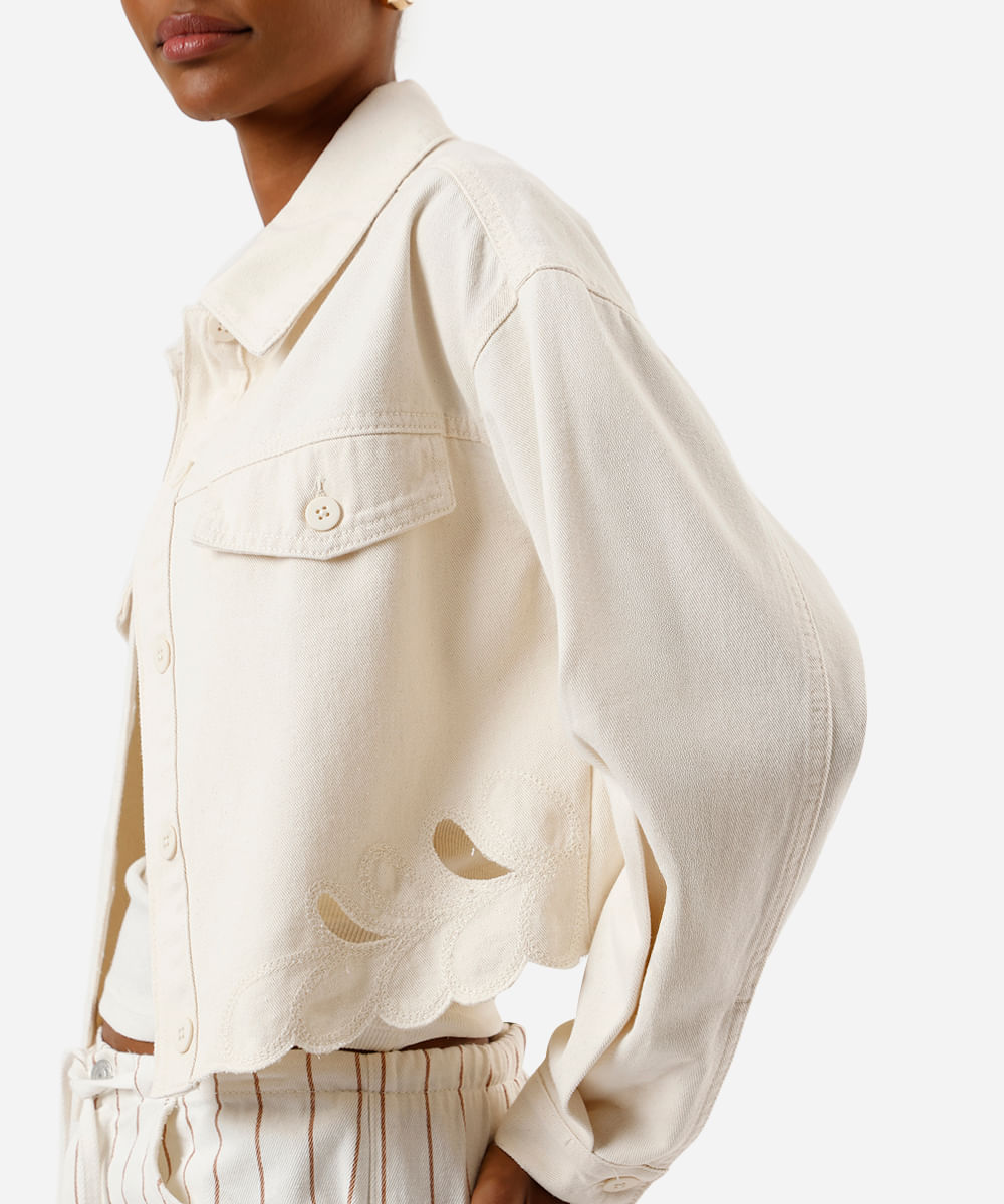 jaqueta feminina de sarja com bordados off white