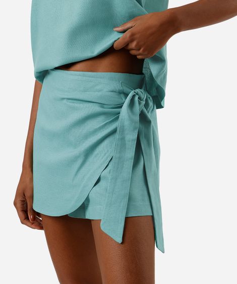 short saia feminino com linho e amarração verde