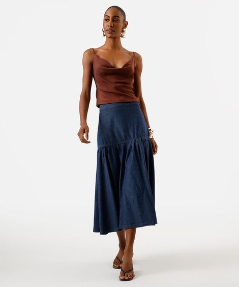 saia midi feminina jeans com recorte e franzido - jeans escuro