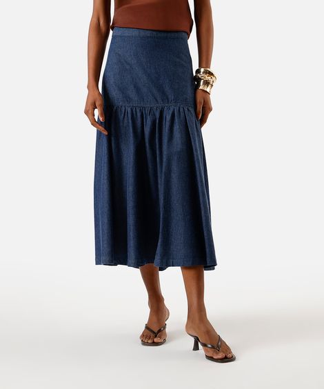 saia midi feminina jeans com recorte e franzido - jeans escuro