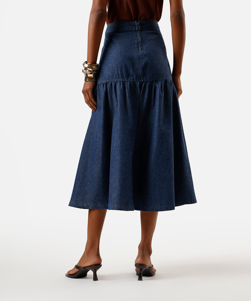 saia midi feminina jeans com recorte e franzido - jeans escuro