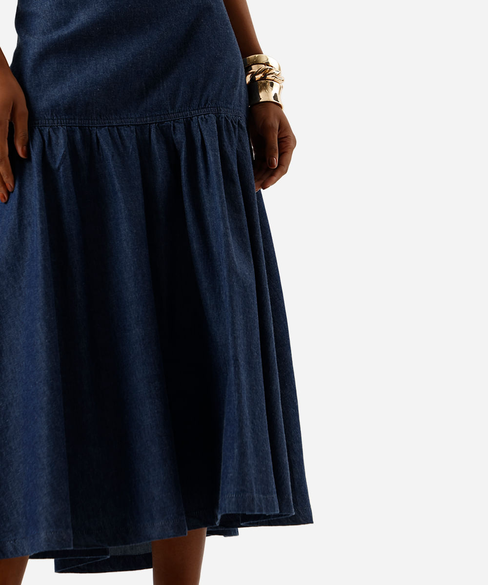 saia midi feminina jeans com recorte e franzido - jeans escuro