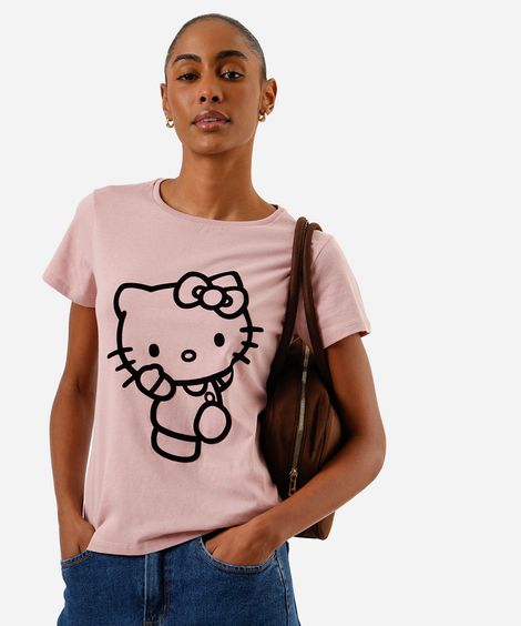 camiseta feminina de algodão hello kitty texturizada rosa