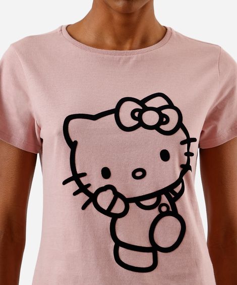 camiseta feminina de algodão hello kitty texturizada rosa