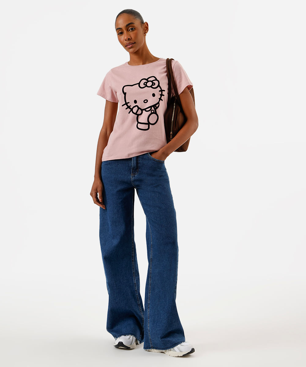 camiseta feminina de algodão hello kitty texturizada rosa