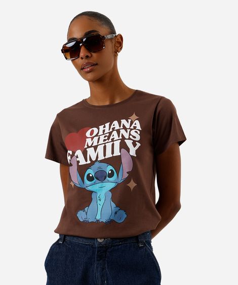 camiseta feminina de algodão stitch marrom