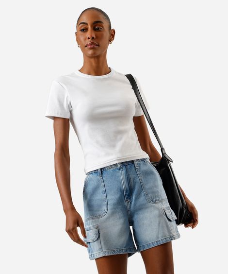 bermuda cargo feminina jeans cintura média azul