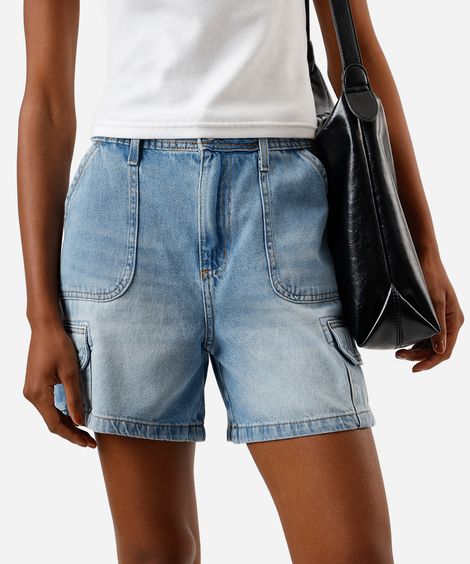 bermuda cargo feminina jeans cintura média azul