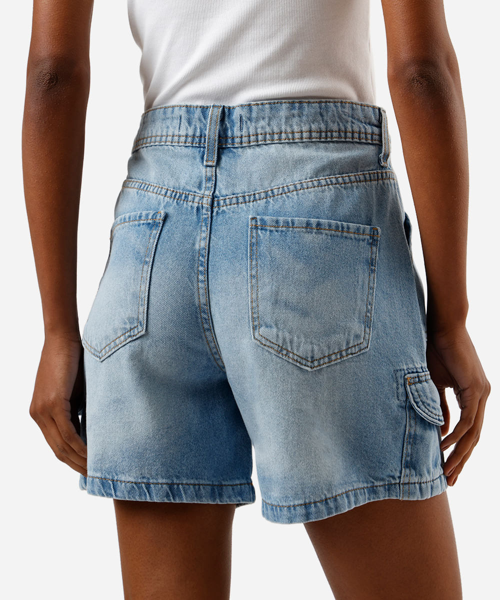 bermuda cargo feminina jeans cintura média azul