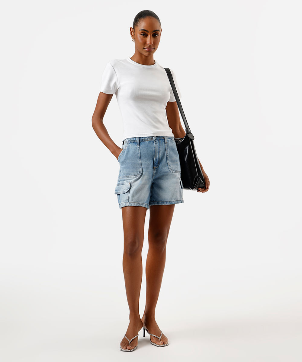 bermuda cargo feminina jeans cintura média azul