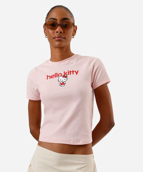 blusa baby look feminina de algodão hello kitty rosa