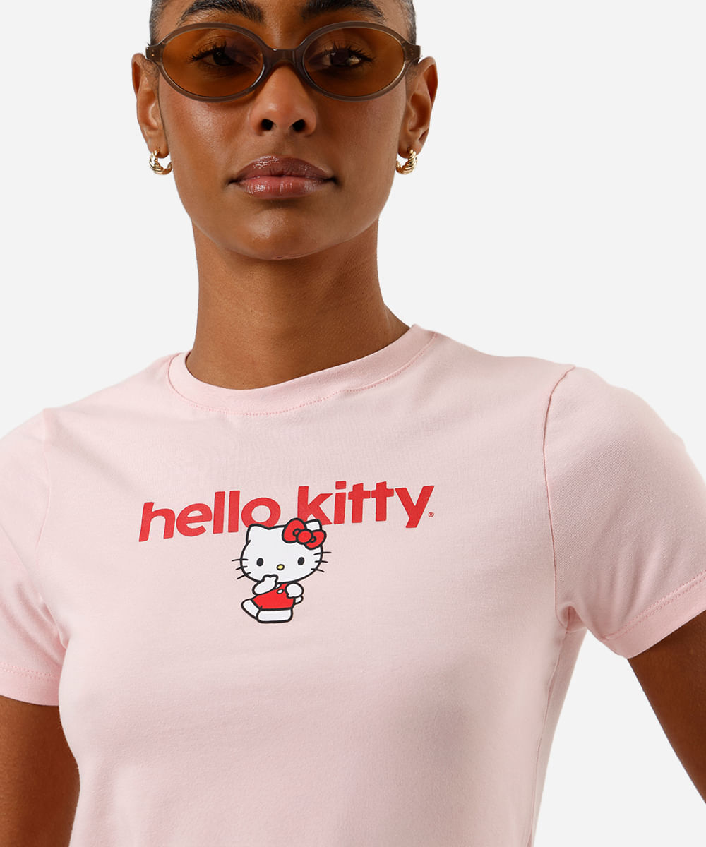 blusa baby look feminina de algodão hello kitty rosa