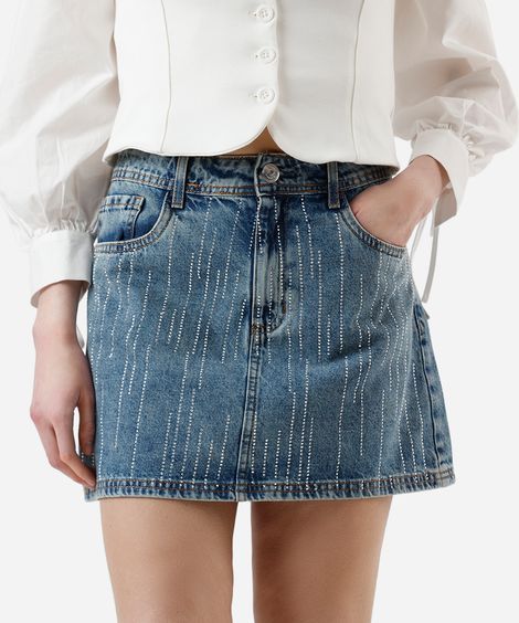 saia curta feminina jeans com brilhos - jeans medio