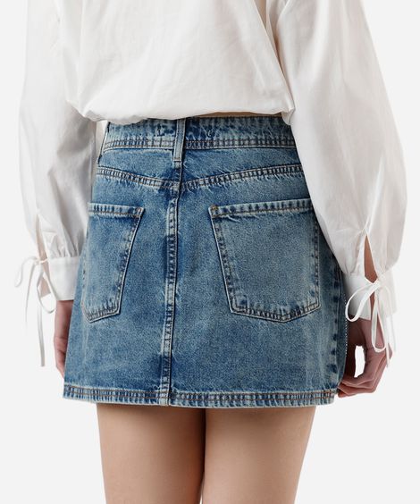 saia curta feminina jeans com brilhos - jeans medio