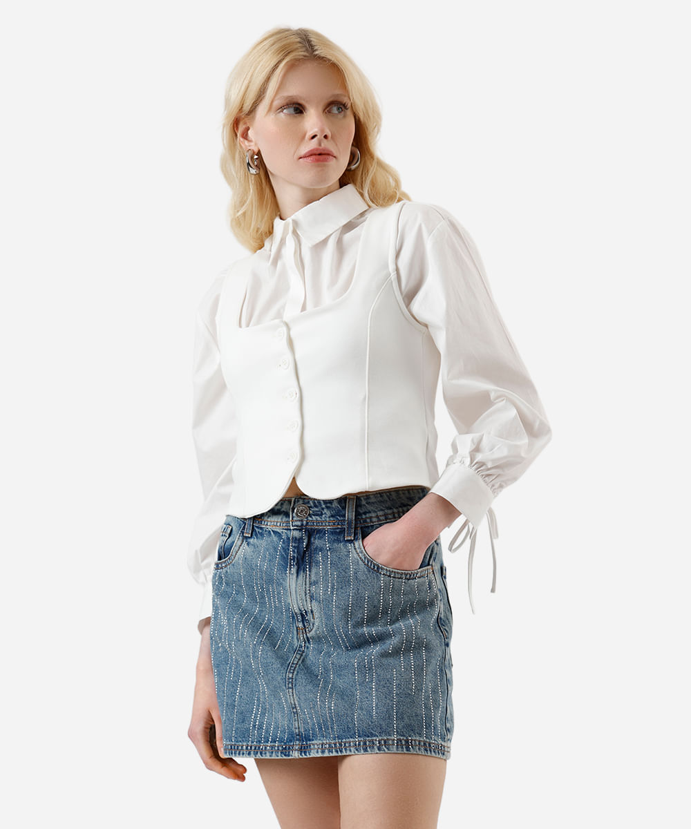 saia curta feminina jeans com brilhos - jeans medio