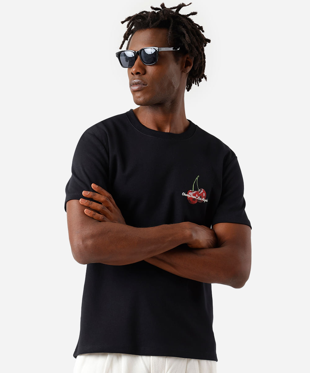 camiseta masculina com algodão manga curta cerejas preta