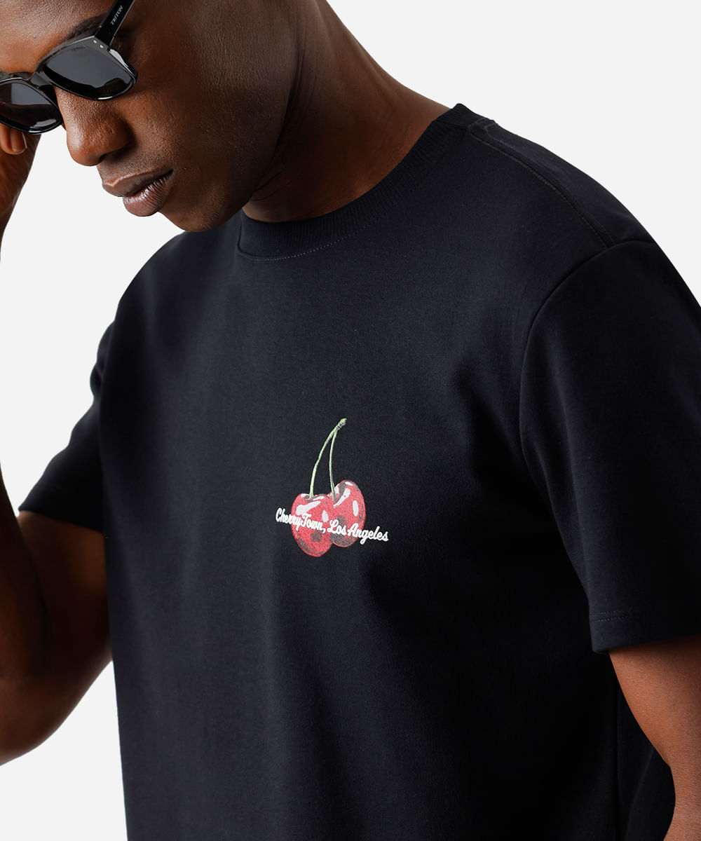 camiseta masculina com algodão manga curta cerejas preta