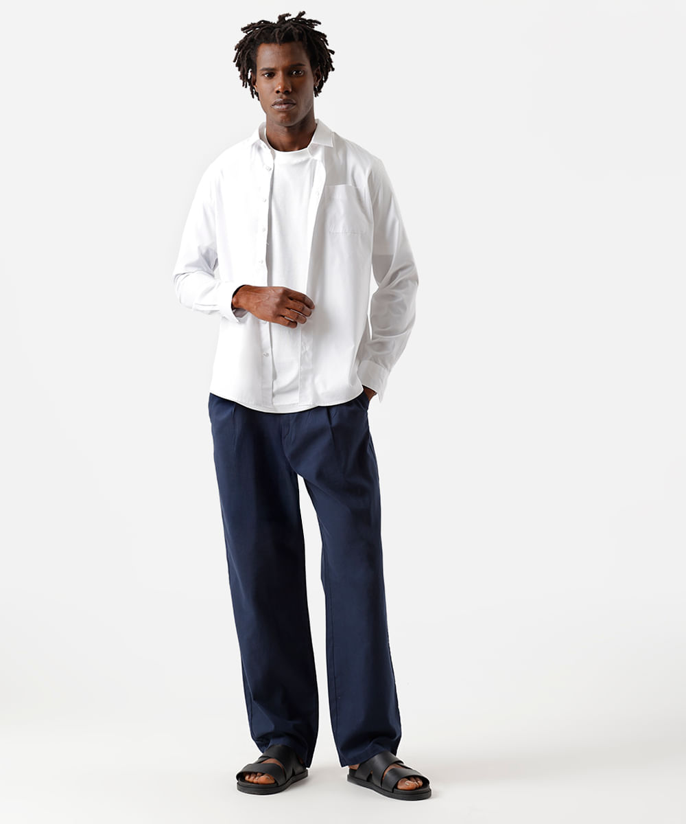 calça baggy masculina com linho e pregas azul