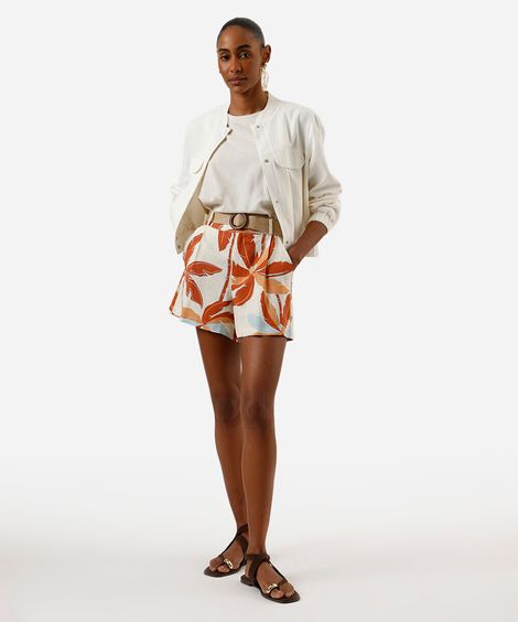 short feminino com linho e cinto folhagens amarelo