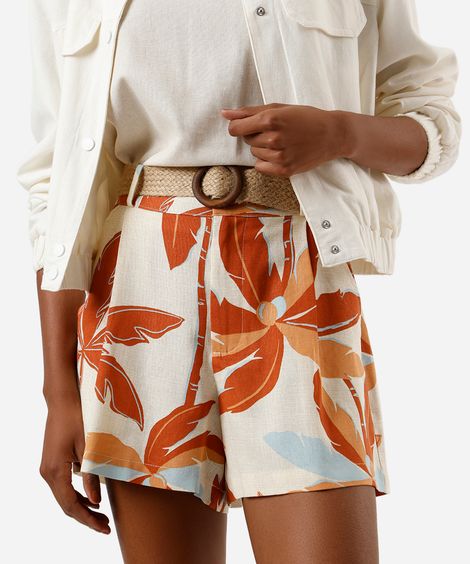 short feminino com linho e cinto folhagens amarelo