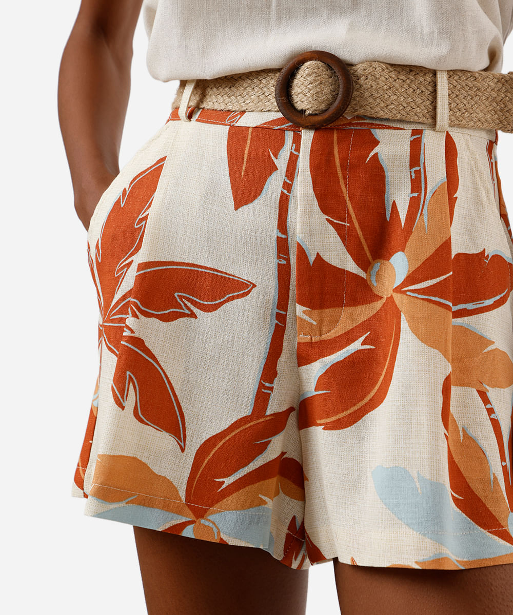 short feminino com linho e cinto folhagens amarelo
