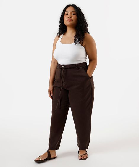 calça balloon feminina de sarja com cordão plus size marrom