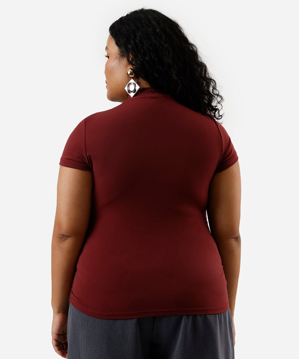 blusa feminina gola alta com recorte franzida mindset plus size vinho