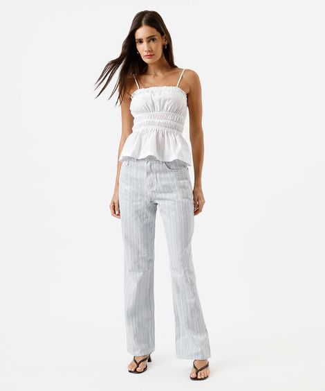 calça wide leg slim feminina de sarja listrada azul