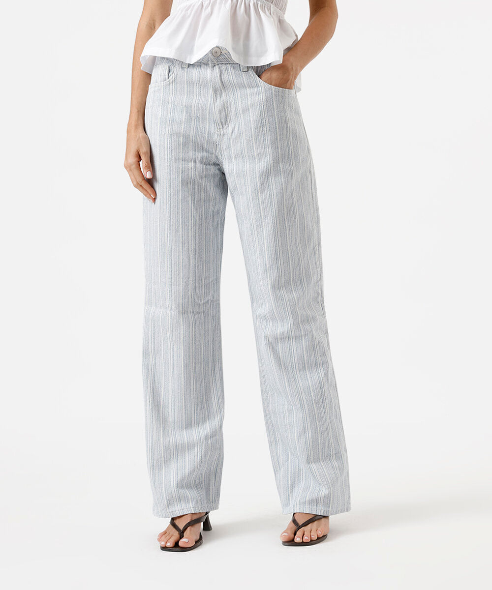 calça wide leg slim feminina de sarja listrada azul