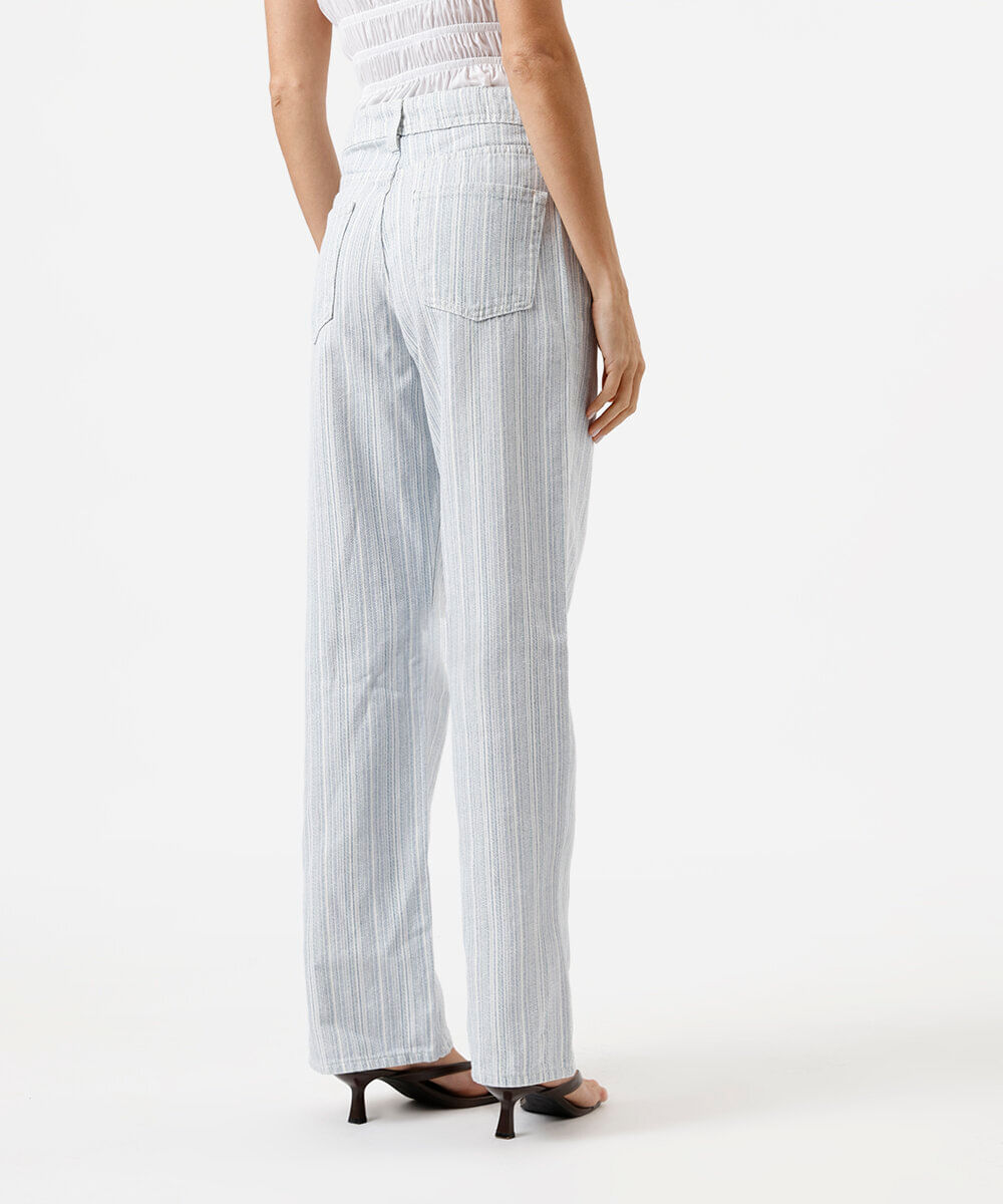 calça wide leg slim feminina de sarja listrada azul