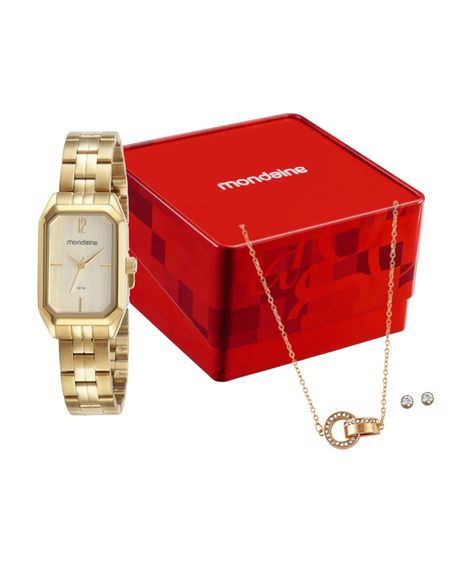 kit relógio feminino mondaine analógico 32359lpmvde1k dourado