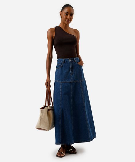 saia longa feminina jeans com recortes azul