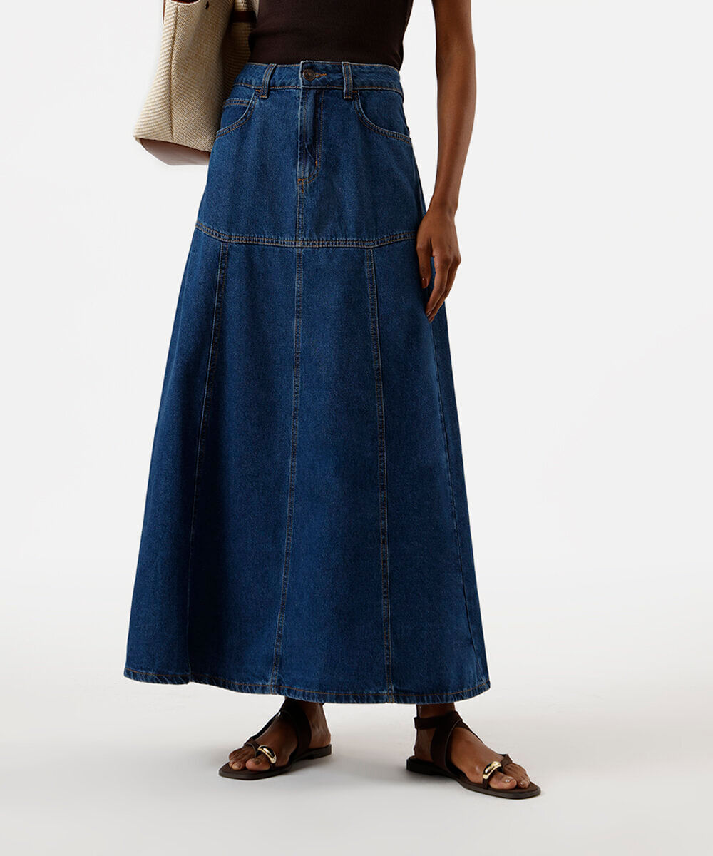 saia longa feminina jeans com recortes azul