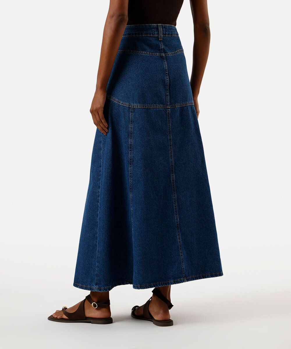 saia longa feminina jeans com recortes azul