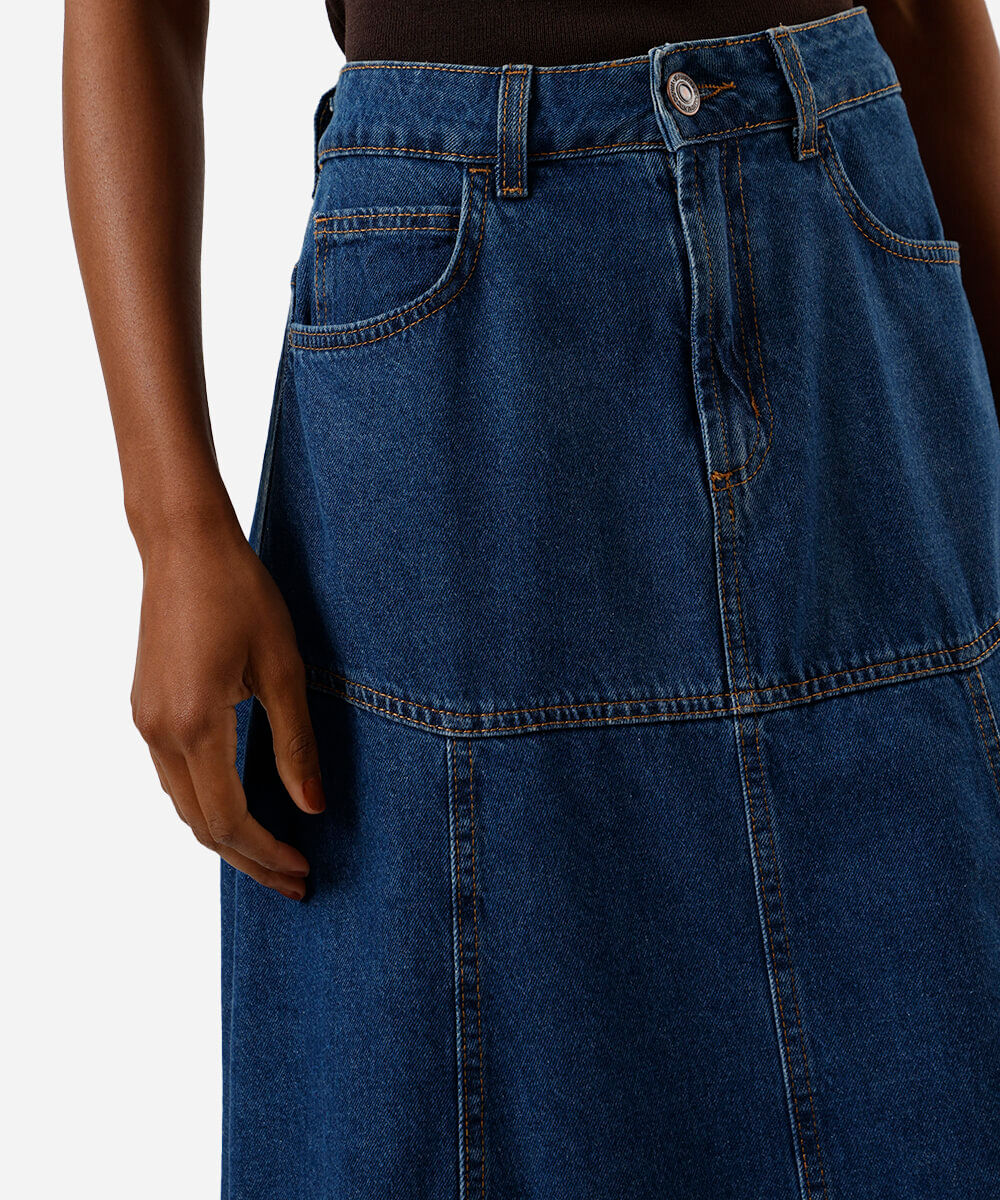 saia longa feminina jeans com recortes azul